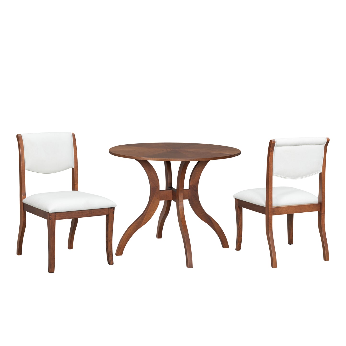 Walnut Dining Table Set:39.4' Round Table + 2 Chairs - Traditional Solid Wood Kitchen Set with Inlaid Tabletop, Elegant Curved Legs for Dining Room