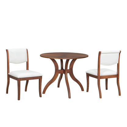 Walnut Dining Table Set:39.4' Round Table + 2 Chairs - Traditional Solid Wood Kitchen Set with Inlaid Tabletop, Elegant Curved Legs for Dining Room