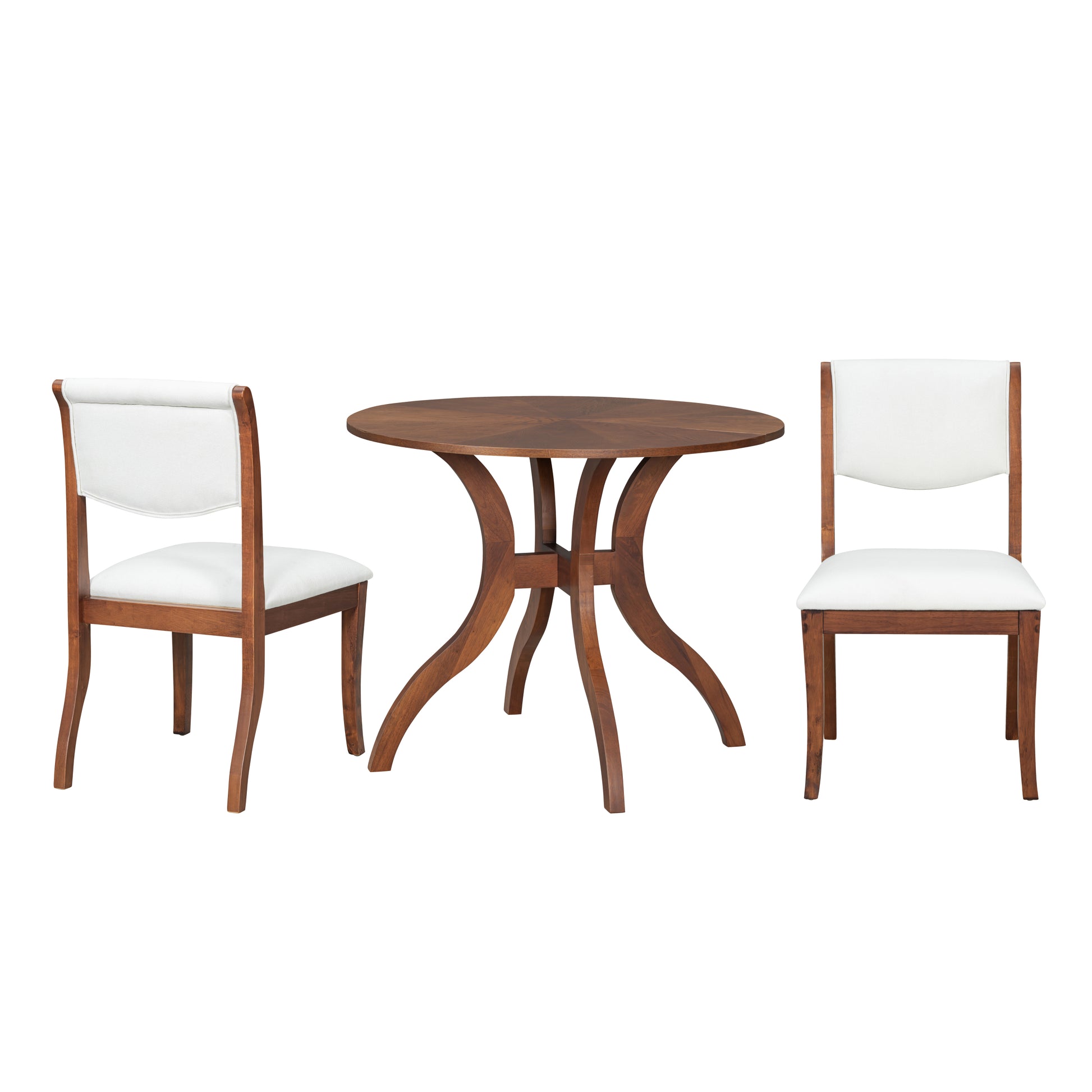Walnut Dining Table Set:39.4' Round Table + 2 Chairs - Traditional Solid Wood Kitchen Set with Inlaid Tabletop, Elegant Curved Legs for Dining Room