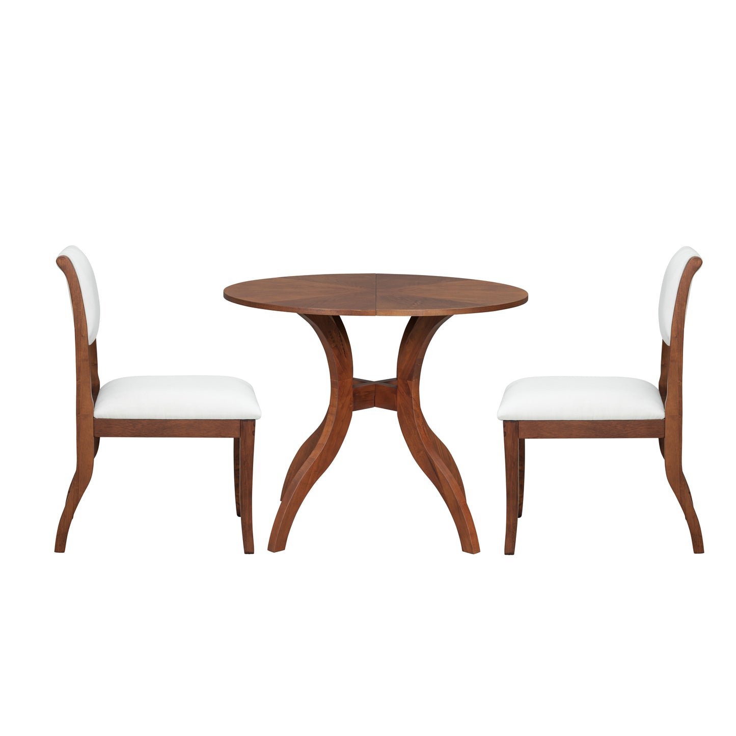 Walnut Dining Table Set:39.4' Round Table + 2 Chairs - Traditional Solid Wood Kitchen Set with Inlaid Tabletop, Elegant Curved Legs for Dining Room