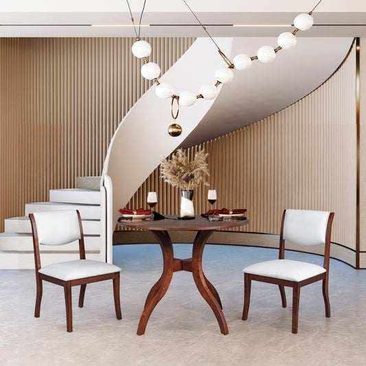 Walnut Dining Table Set:39.4' Round Table + 2 Chairs - Traditional Solid Wood Kitchen Set with Inlaid Tabletop, Elegant Curved Legs for Dining Room