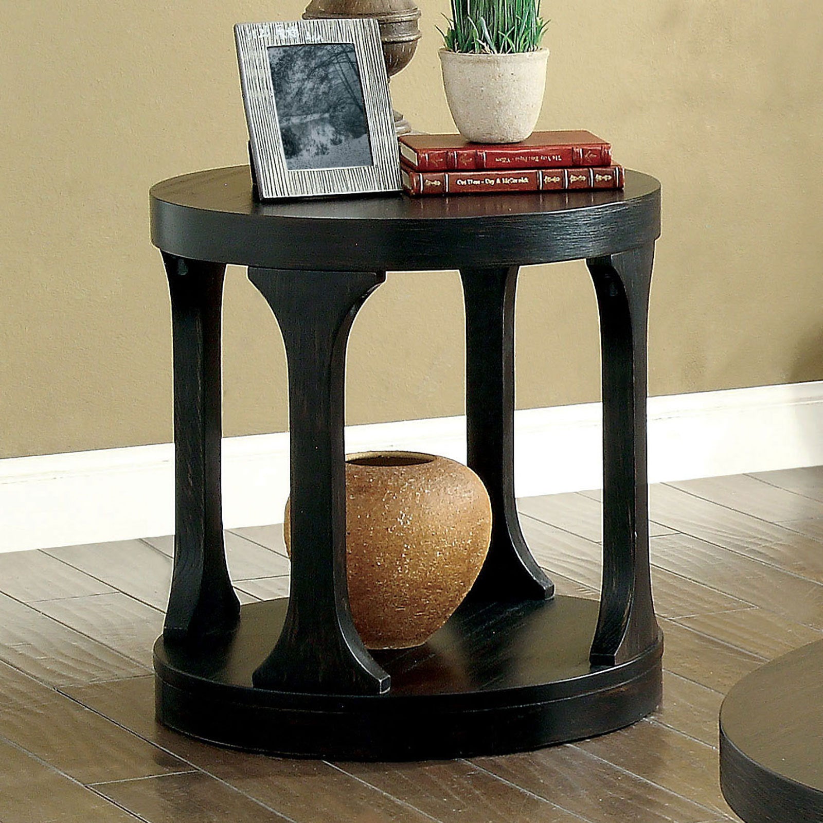 Transitional Style Antique Black Finish Bold Round Structure End Table With Extra Storage Shelf I Designed Legs Coffee Table-Not Included