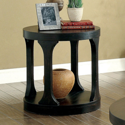 Transitional Style Antique Black Finish Bold Round Structure End Table With Extra Storage Shelf I Designed Legs Coffee Table-Not Included