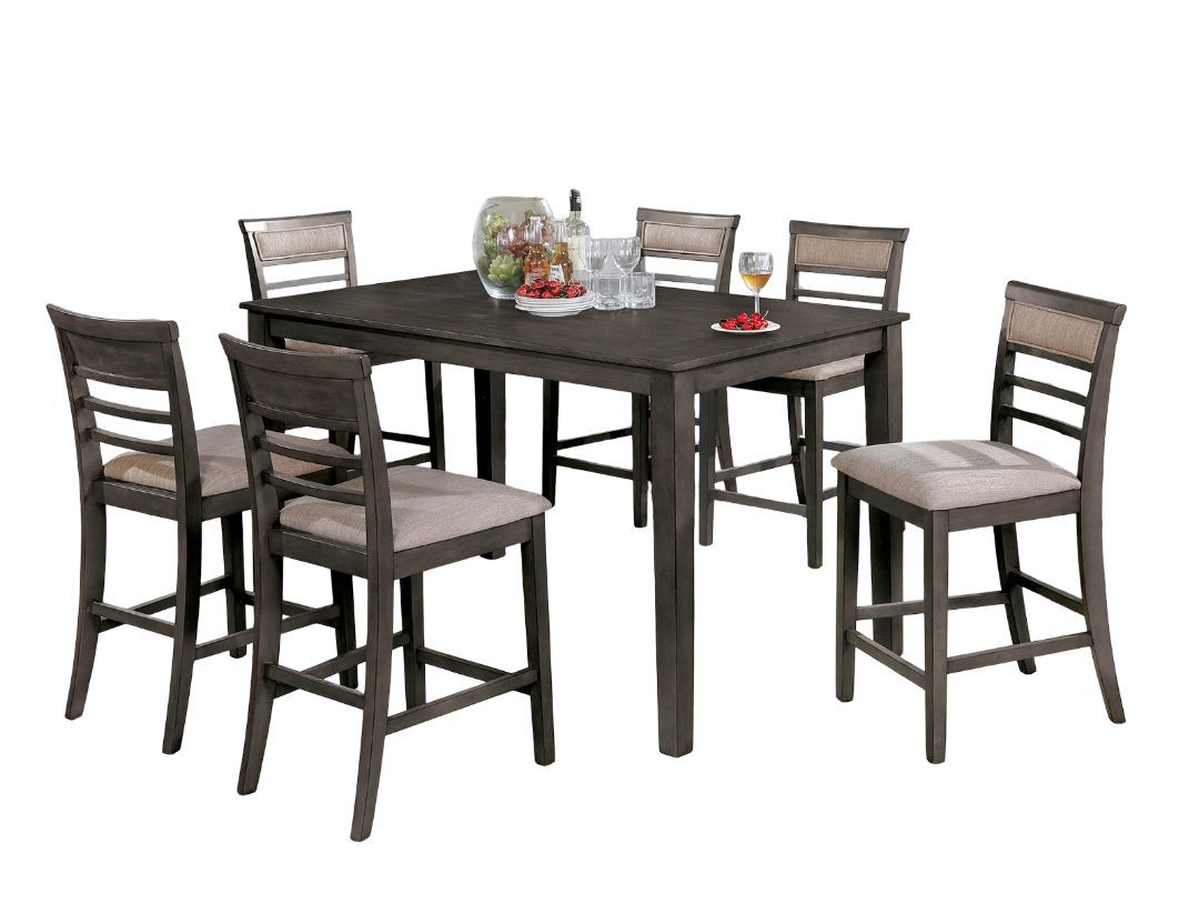 7pc Counter Height Dining Table Set 1x Table 6x Chairs Transitional Style Weathered Gray And Beige Finish Padded Cushion Slat Back Chairs Dining Table Set