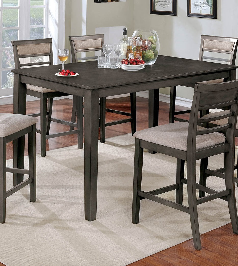 7pc Counter Height Dining Table Set 1x Table 6x Chairs Transitional Style Weathered Gray And Beige Finish Padded Cushion Slat Back Chairs Dining Table Set
