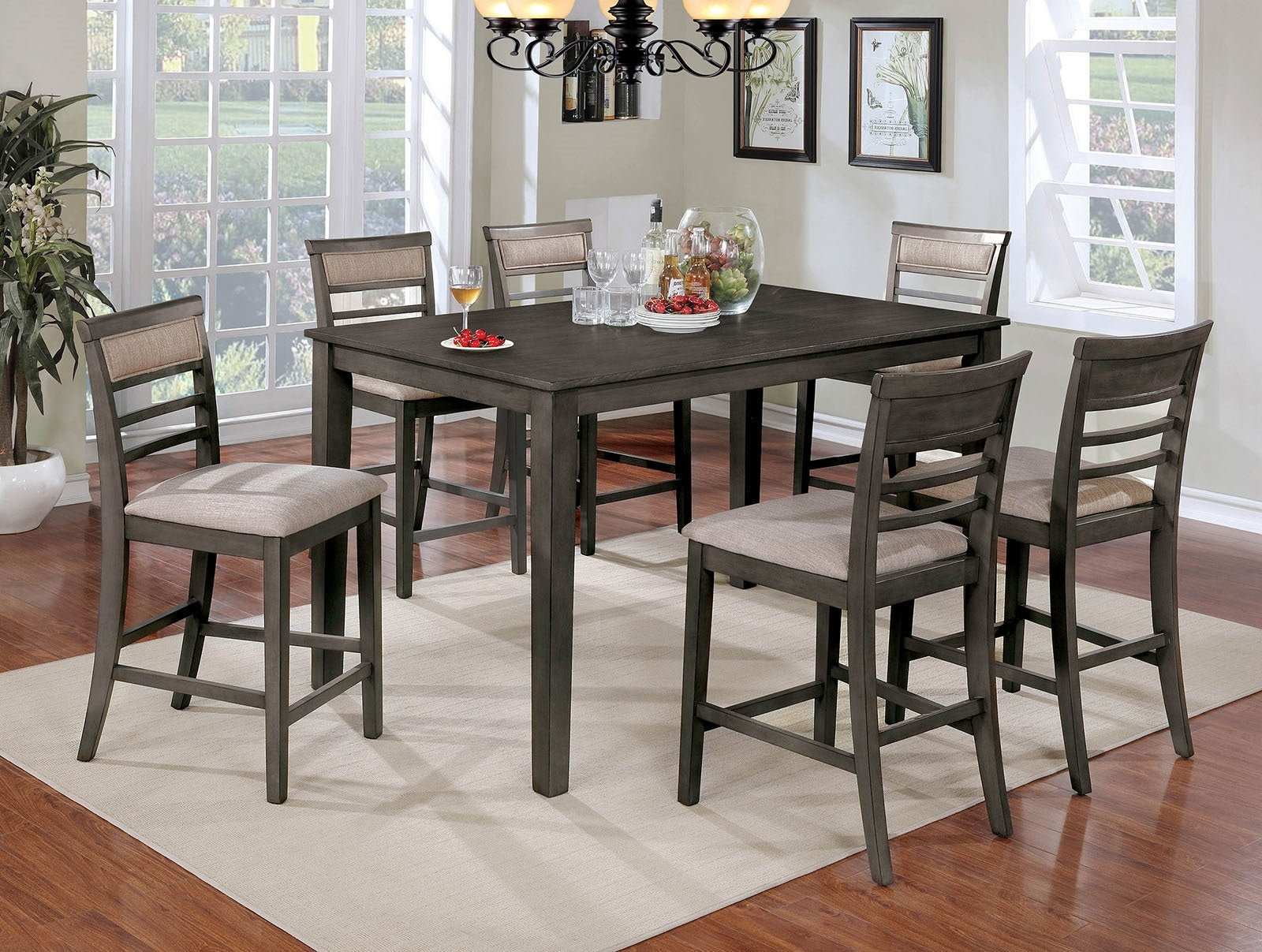 7pc Counter Height Dining Table Set 1x Table 6x Chairs Transitional Style Weathered Gray And Beige Finish Padded Cushion Slat Back Chairs Dining Table Set