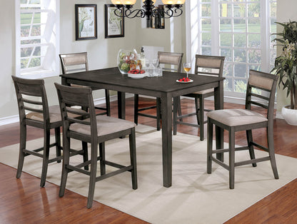 7pc Counter Height Dining Table Set 1x Table 6x Chairs Transitional Style Weathered Gray And Beige Finish Padded Cushion Slat Back Chairs Dining Table Set