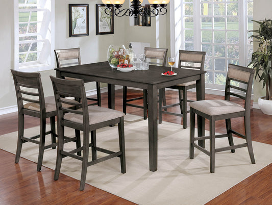 7pc Counter Height Dining Table Set 1x Table 6x Chairs Transitional Style Weathered Gray And Beige Finish Padded Cushion Slat Back Chairs Dining Table Set
