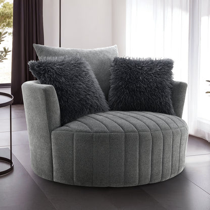 Transitional Style 1pc Channel Tufted Swivel Round Chair Scattered Back Pillow Dark Gray Finish Primary living Room Accent Chair