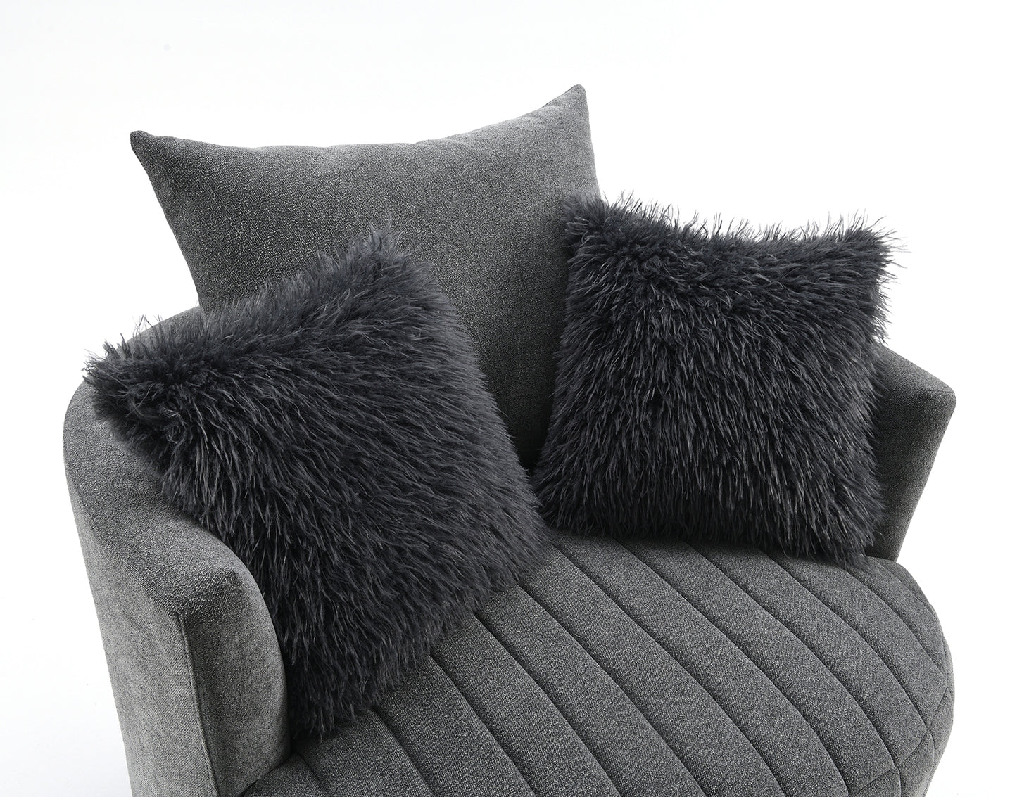 Transitional Style 1pc Channel Tufted Swivel Round Chair Scattered Back Pillow Dark Gray Finish Primary living Room Accent Chair