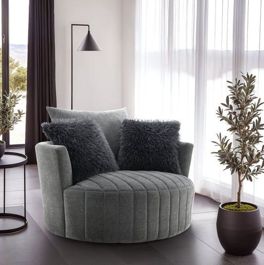 Transitional Style 1pc Channel Tufted Swivel Round Chair Scattered Back Pillow Dark Gray Finish Primary living Room Accent Chair