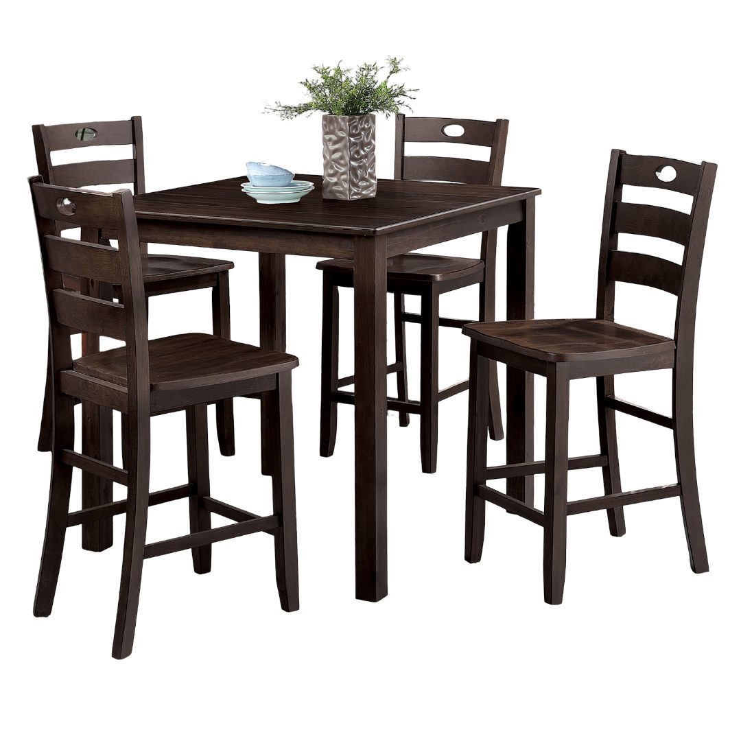 Transitional Style Espresso Finish 5pc Dining Table Set 1x Square Counter Height Dining Table 4x Slat Back Chairs Dining Room Dining Table Set