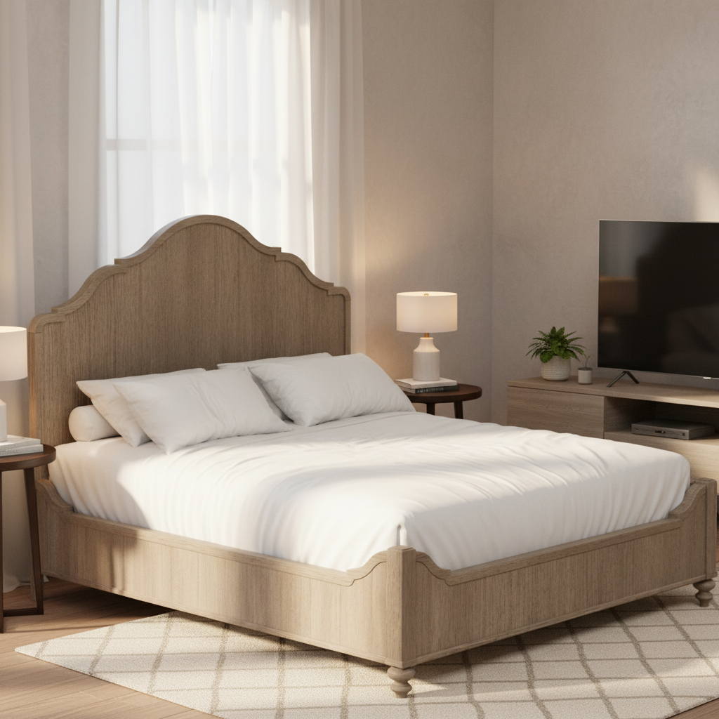 Neatly made bed with wooden headboard in a bedroom setting.