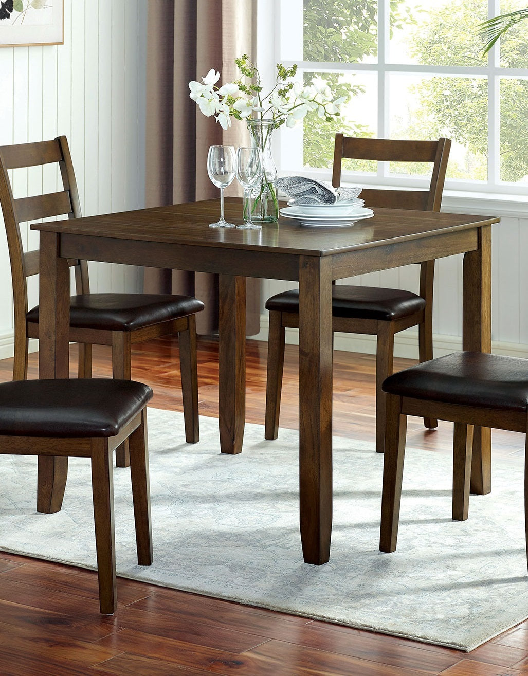 Transitional Style 5pc Dining Table Set 1x Dining Table 4x Chairs Padded seat Wooden Top Table Walnut And Dark Brown Finish Dining Table Set