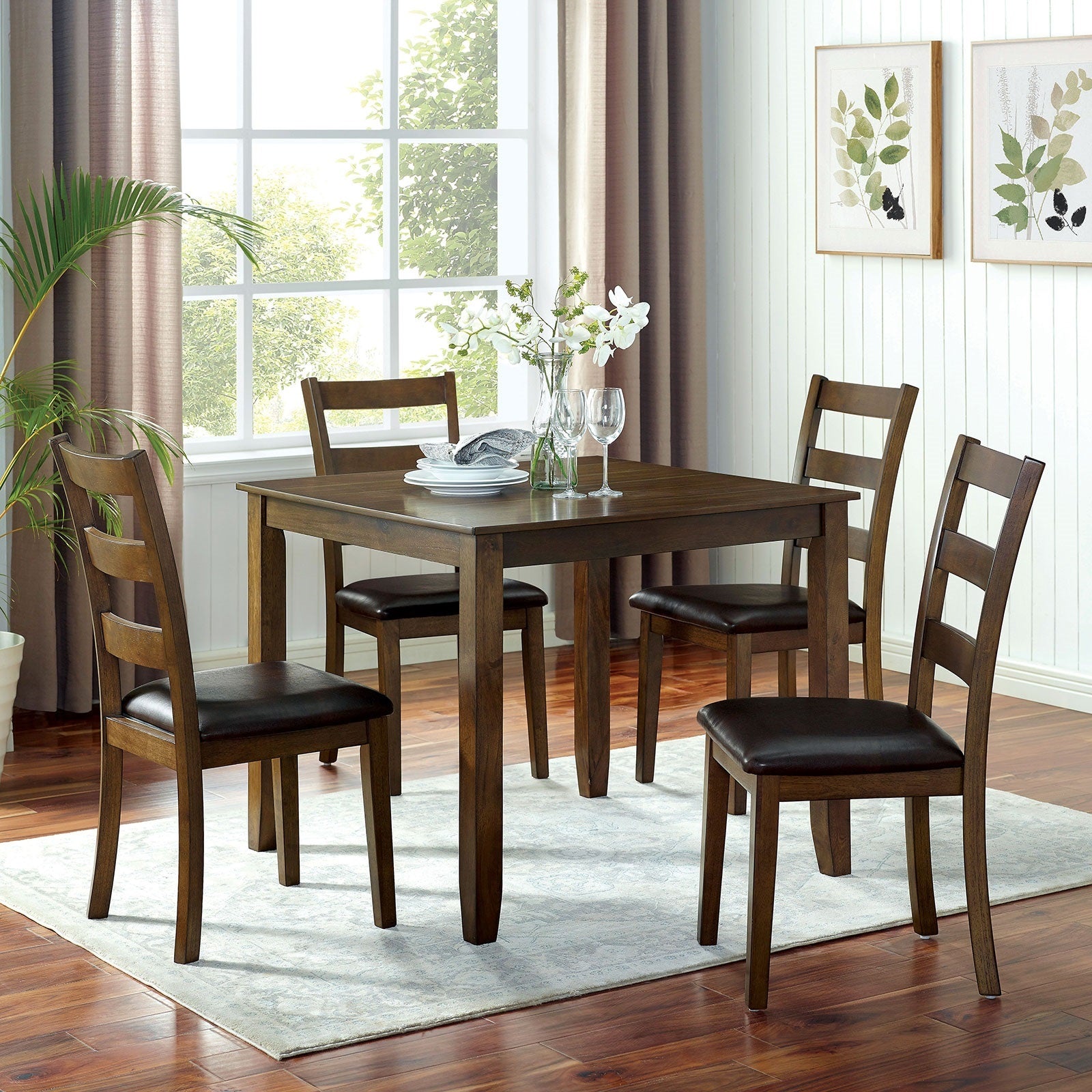 Transitional Style 5pc Dining Table Set 1x Dining Table 4x Chairs Padded seat Wooden Top Table Walnut And Dark Brown Finish Dining Table Set