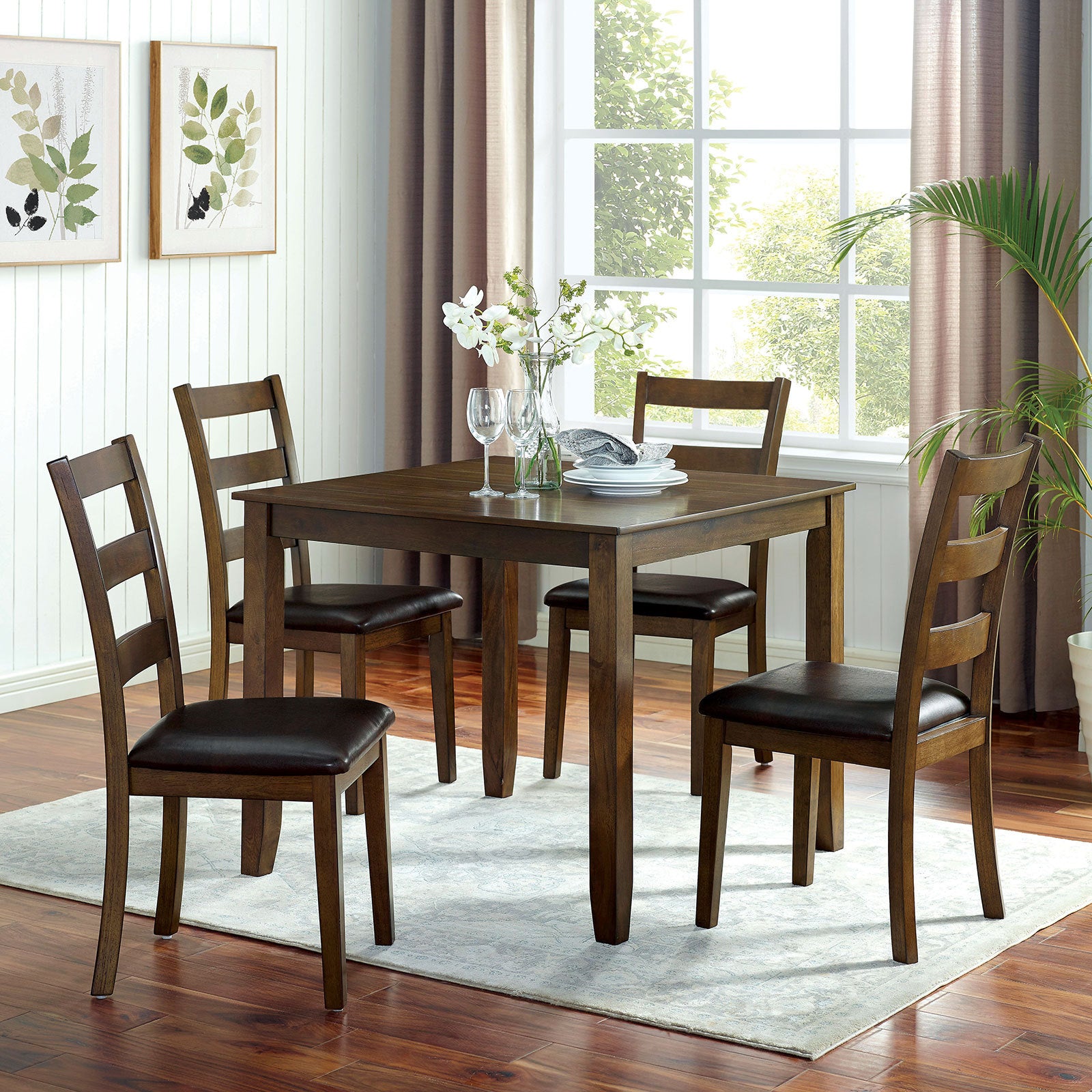 Transitional Style 5pc Dining Table Set 1x Dining Table 4x Chairs Padded seat Wooden Top Table Walnut And Dark Brown Finish Dining Table Set