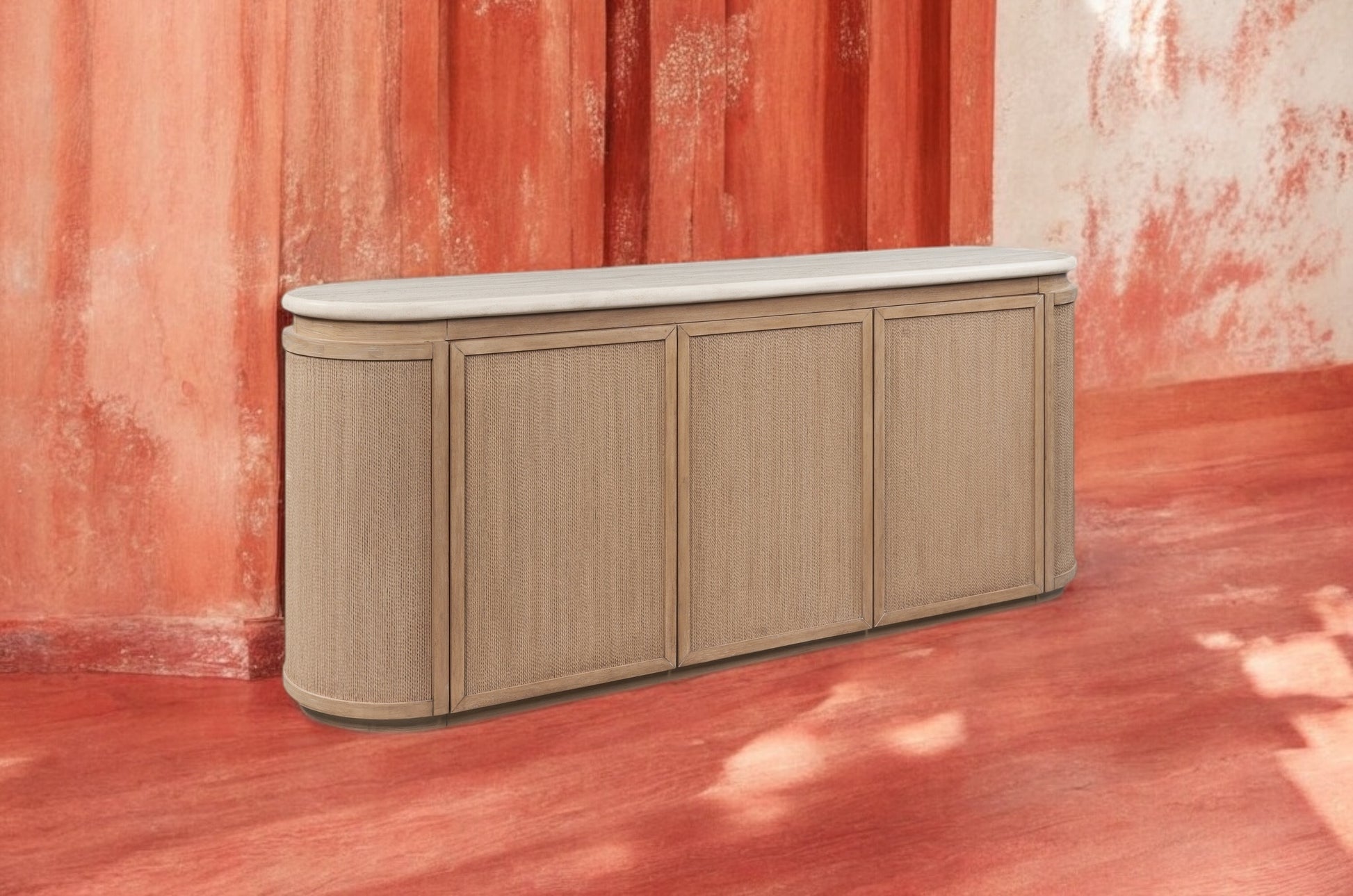 Stone Top Rope Woven Curved Sideboard Cabinet