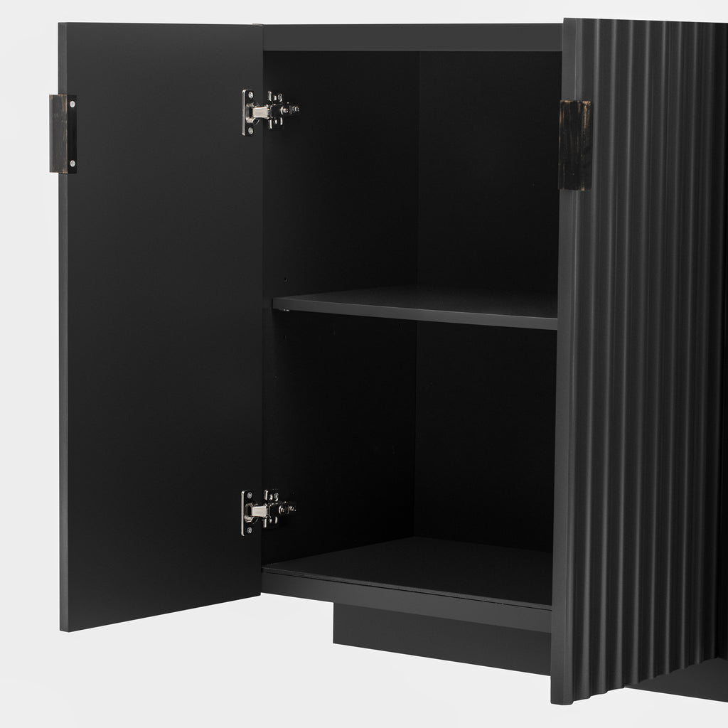 TREXM 4 Wavy Doors Ample Storage Space Sideboard with Adjustable Shelves and Retro Copper Handles for Dining Room and Living Room (BLACK)