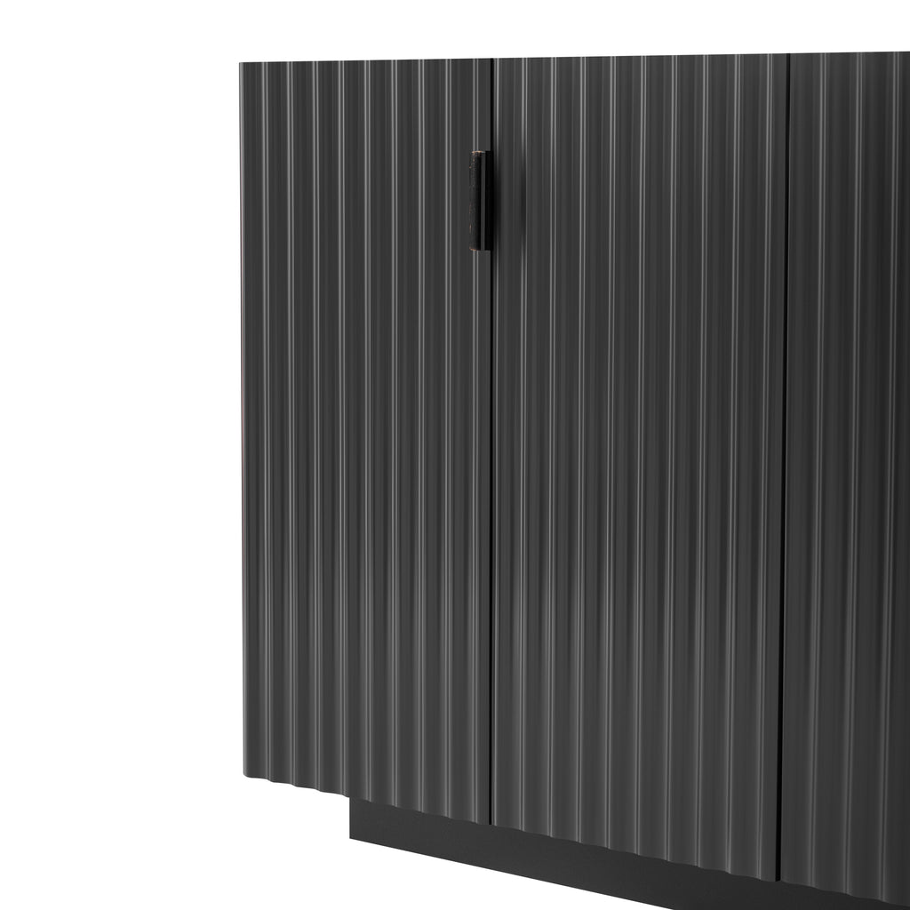 TREXM 4 Wavy Doors Ample Storage Space Sideboard with Adjustable Shelves and Retro Copper Handles for Dining Room and Living Room (BLACK)