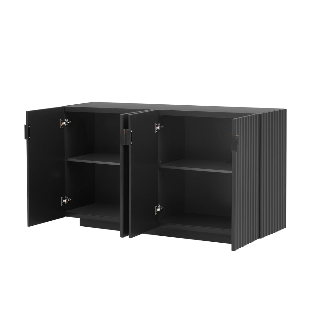 TREXM 4 Wavy Doors Ample Storage Space Sideboard with Adjustable Shelves and Retro Copper Handles for Dining Room and Living Room (BLACK)