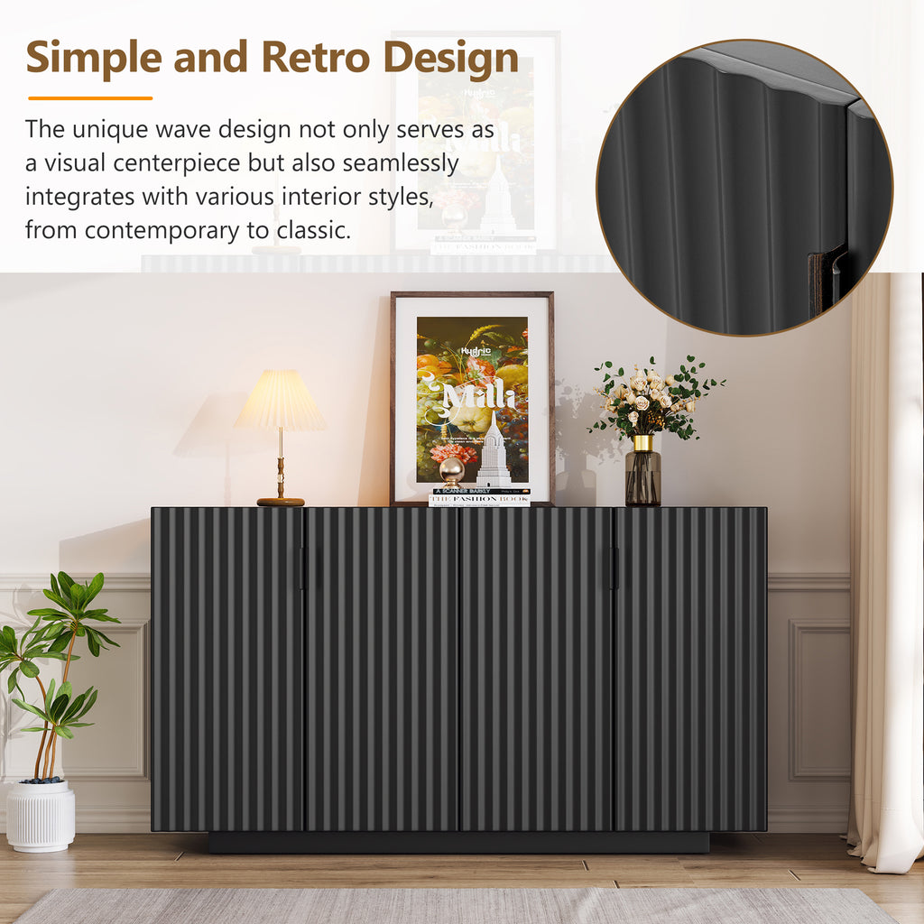 TREXM 4 Wavy Doors Ample Storage Space Sideboard with Adjustable Shelves and Retro Copper Handles for Dining Room and Living Room (BLACK)