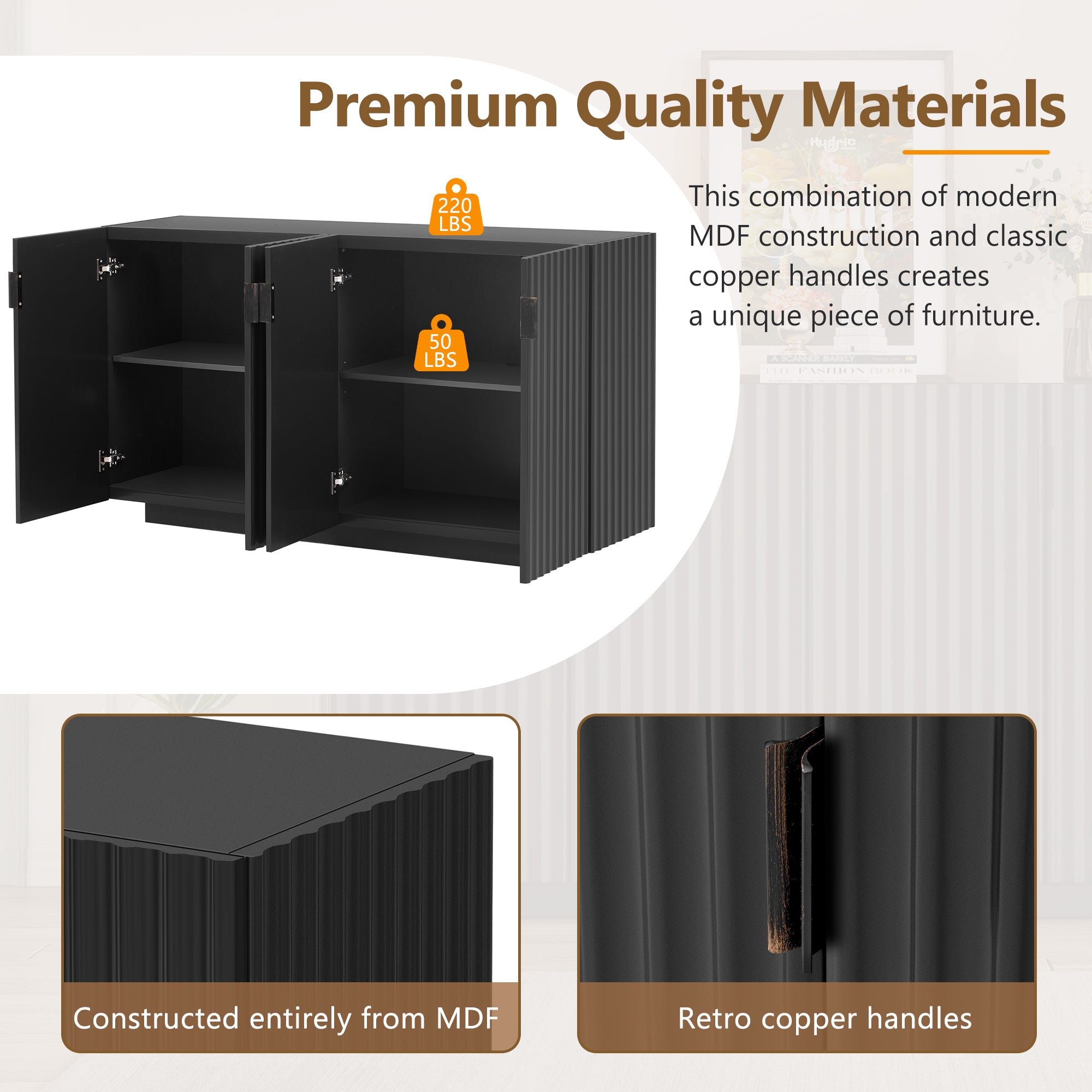 TREXM 4 Wavy Doors Ample Storage Space Sideboard with Adjustable Shelves and Retro Copper Handles for Dining Room and Living Room (BLACK)