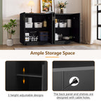 TREXM 4 Wavy Doors Ample Storage Space Sideboard with Adjustable Shelves and Retro Copper Handles for Dining Room and Living Room (BLACK)