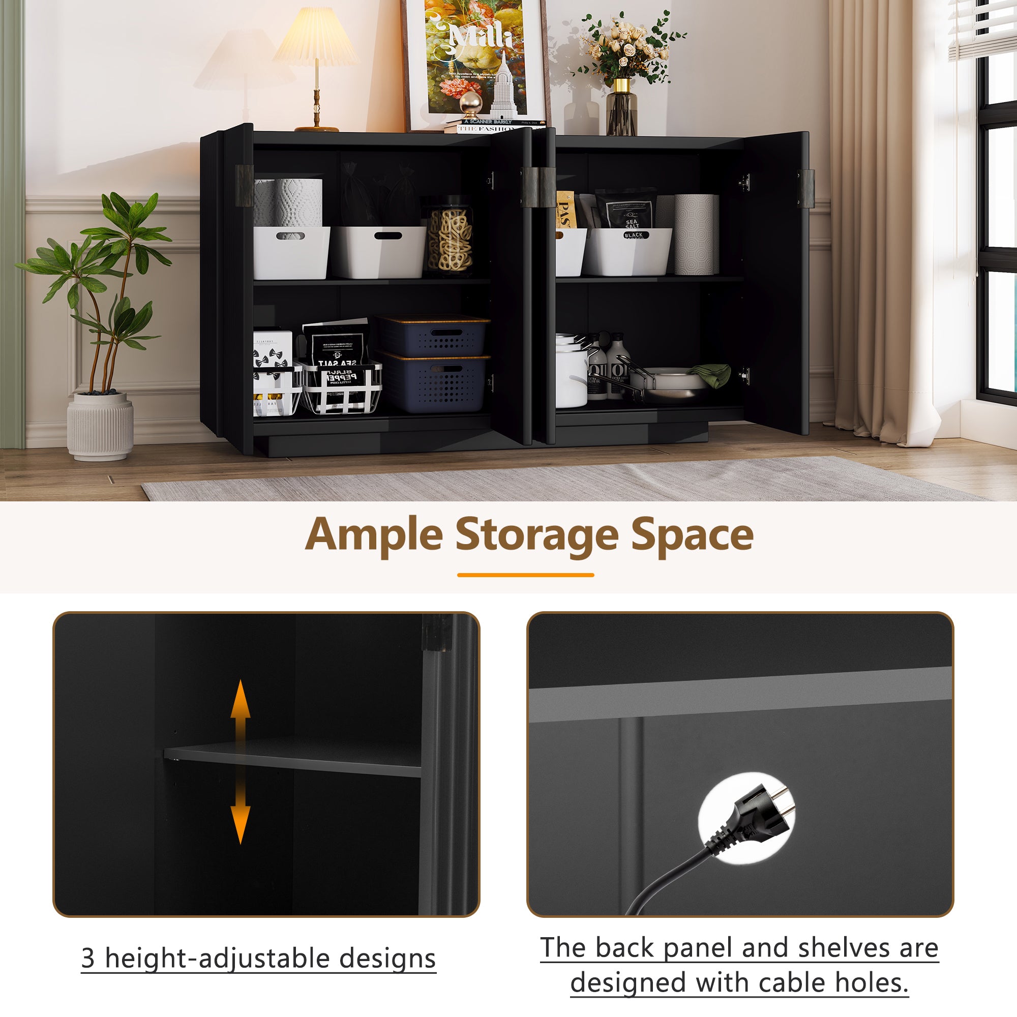 TREXM 4 Wavy Doors Ample Storage Space Sideboard with Adjustable Shelves and Retro Copper Handles for Dining Room and Living Room (BLACK)