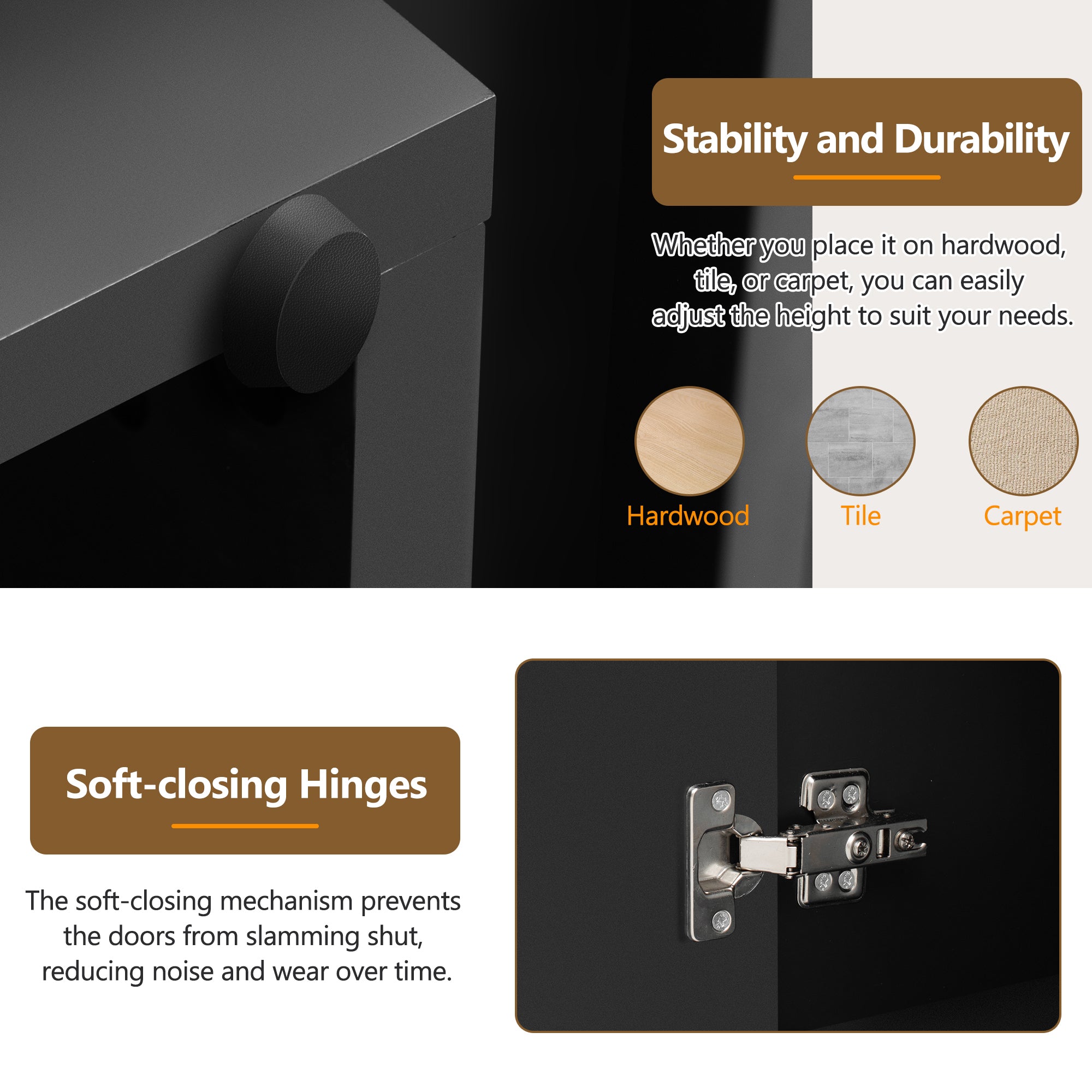 TREXM 4 Wavy Doors Ample Storage Space Sideboard with Adjustable Shelves and Retro Copper Handles for Dining Room and Living Room (BLACK)