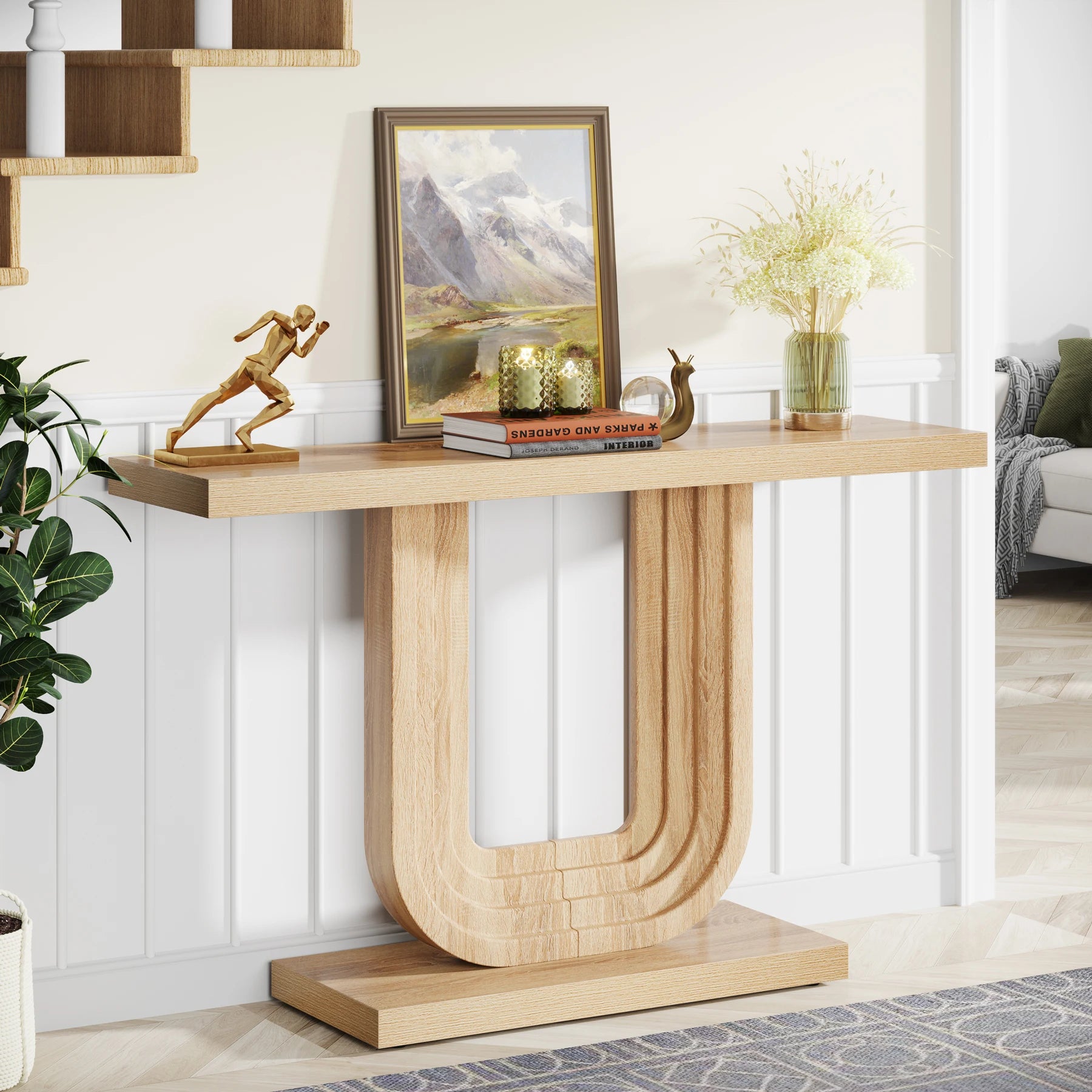 Tribesigns Farmhouse Entryway Table, 39" Narrow Console Table with Geometric Base, Wood Skinny Sofa Table Behind Couch