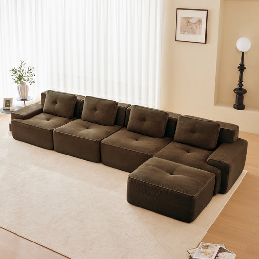 153' Modern L-Shaped Modular Sectional Sofa for Living Room, Corduroy Fabric, 4-Seater Couch with Deep Seat and Movable Ottoman, Pearl-like piping, Tufted Design, No Assembly, Anti-slip Design,Brown Sectional Sofa