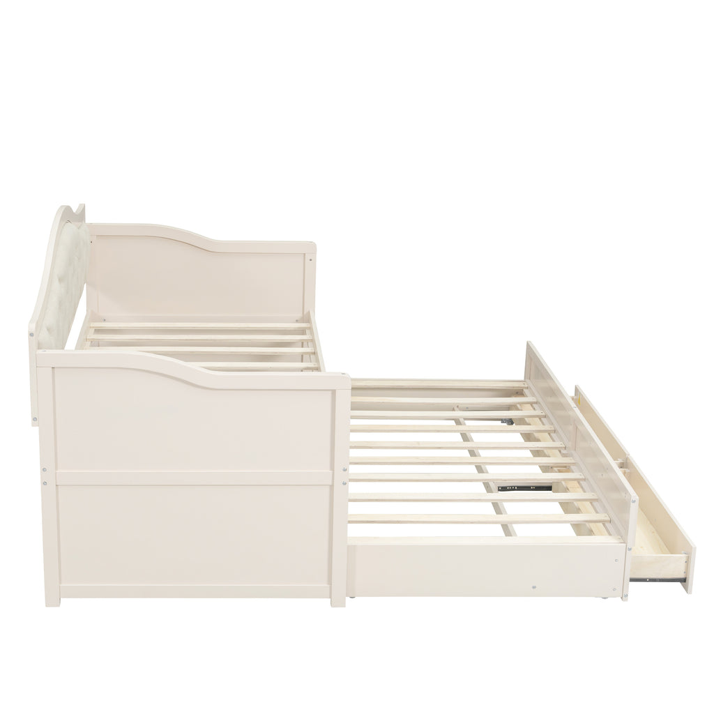 Twin Daybed with Trundle, Twin Size Daybed with 2 Storage Drawers, Wooden Sofa Bed with Upholstered Button Tufted Backrest for Living Room, Bedroom, Guest Room,Beige Daybeds