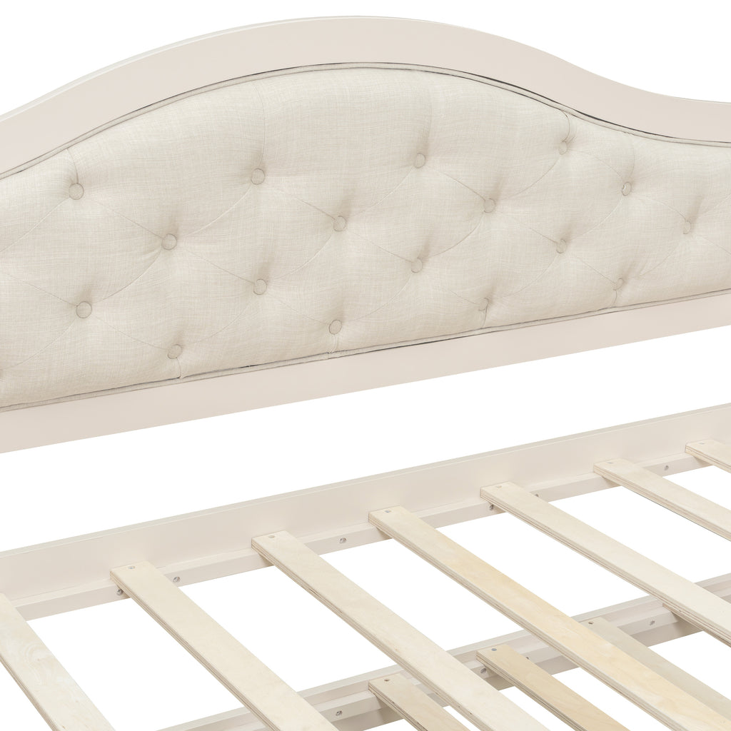 Twin Daybed with Trundle, Twin Size Daybed with 2 Storage Drawers, Wooden Sofa Bed with Upholstered Button Tufted Backrest for Living Room, Bedroom, Guest Room,Beige Daybeds