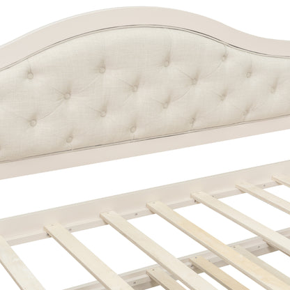 Twin Daybed with Trundle, Twin Size Daybed with 2 Storage Drawers, Wooden Sofa Bed with Upholstered Button Tufted Backrest for Living Room, Bedroom, Guest Room,Beige Daybeds