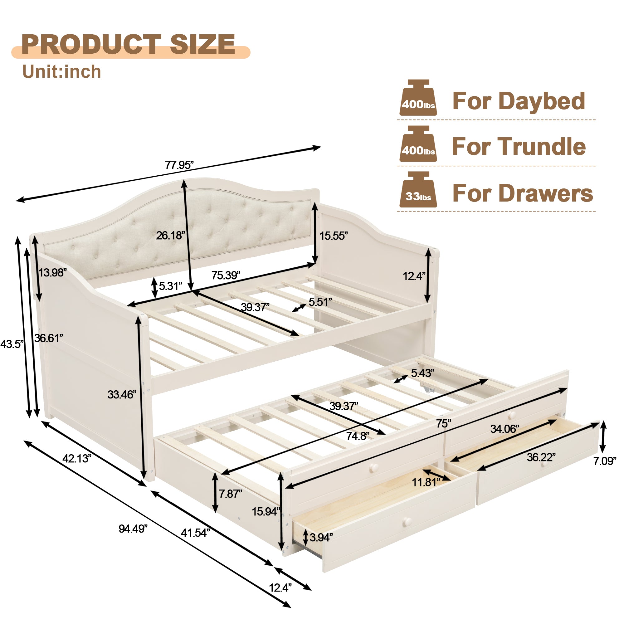 Twin Daybed with Trundle, Twin Size Daybed with 2 Storage Drawers, Wooden Sofa Bed with Upholstered Button Tufted Backrest for Living Room, Bedroom, Guest Room,Beige Daybeds
