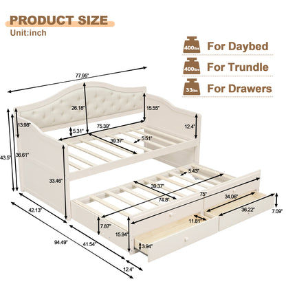 Twin Daybed with Trundle, Twin Size Daybed with 2 Storage Drawers, Wooden Sofa Bed with Upholstered Button Tufted Backrest for Living Room, Bedroom, Guest Room,Beige Daybeds