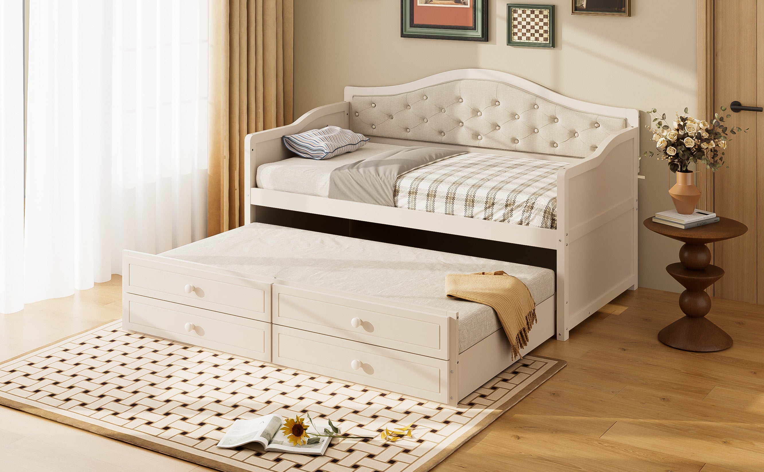 Twin Daybed with Trundle, Twin Size Daybed with 2 Storage Drawers, Wooden Sofa Bed with Upholstered Button Tufted Backrest for Living Room, Bedroom, Guest Room,Beige Daybeds