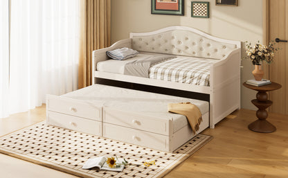 Twin Daybed with Trundle, Twin Size Daybed with 2 Storage Drawers, Wooden Sofa Bed with Upholstered Button Tufted Backrest for Living Room, Bedroom, Guest Room,Beige Daybeds