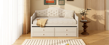 Twin Daybed with Trundle, Twin Size Daybed with 2 Storage Drawers, Wooden Sofa Bed with Upholstered Button Tufted Backrest for Living Room, Bedroom, Guest Room,Beige Daybeds