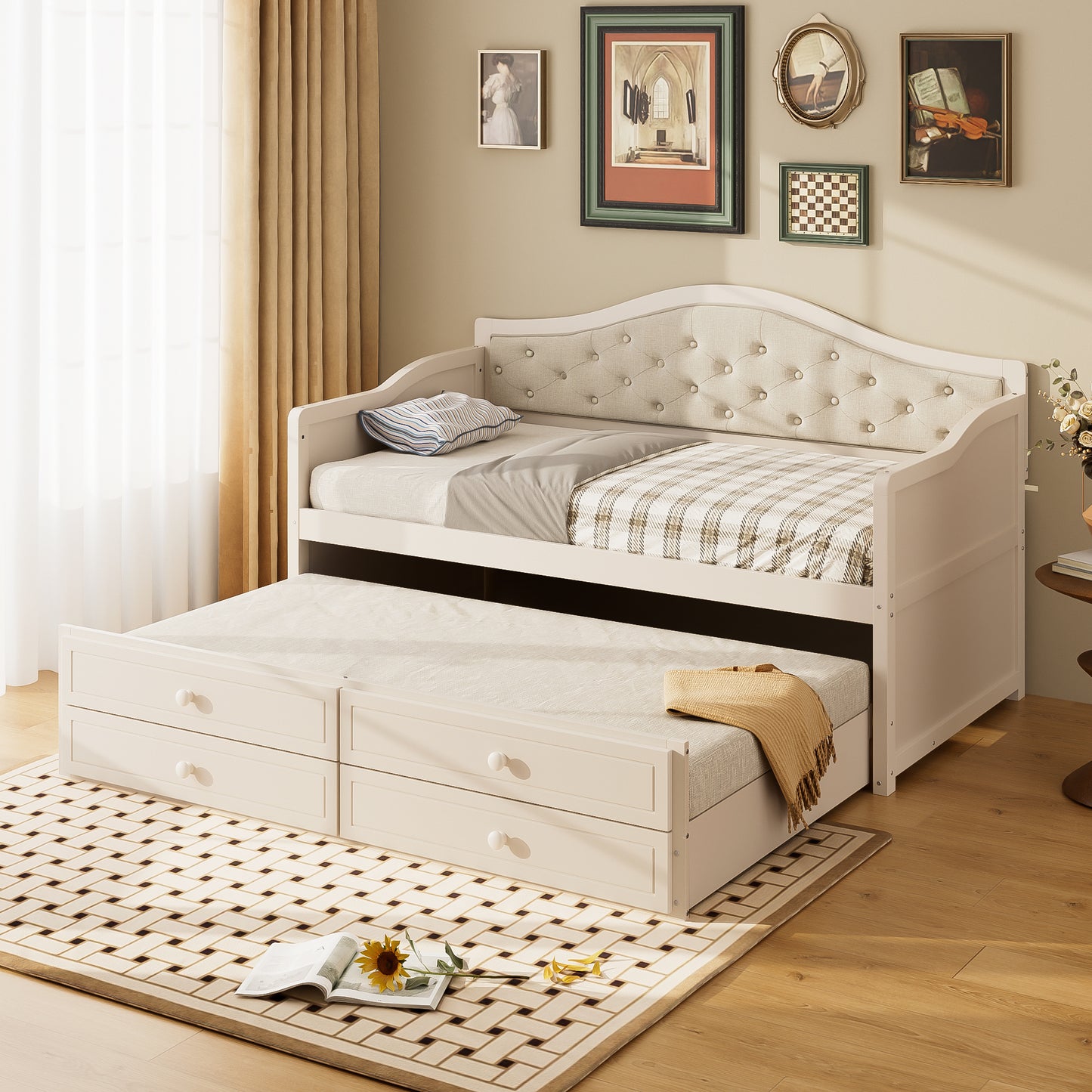 Twin Daybed with Trundle, Twin Size Daybed with 2 Storage Drawers, Wooden Sofa Bed with Upholstered Button Tufted Backrest for Living Room, Bedroom, Guest Room,Beige Daybeds
