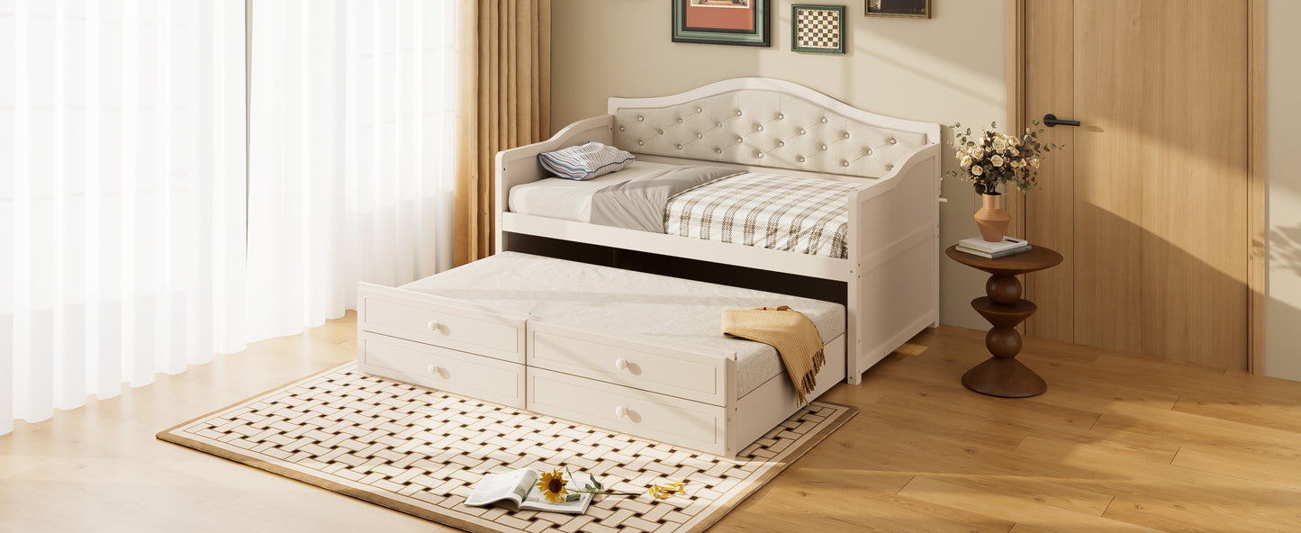 Twin Daybed with Trundle, Twin Size Daybed with 2 Storage Drawers, Wooden Sofa Bed with Upholstered Button Tufted Backrest for Living Room, Bedroom, Guest Room,Beige Daybeds
