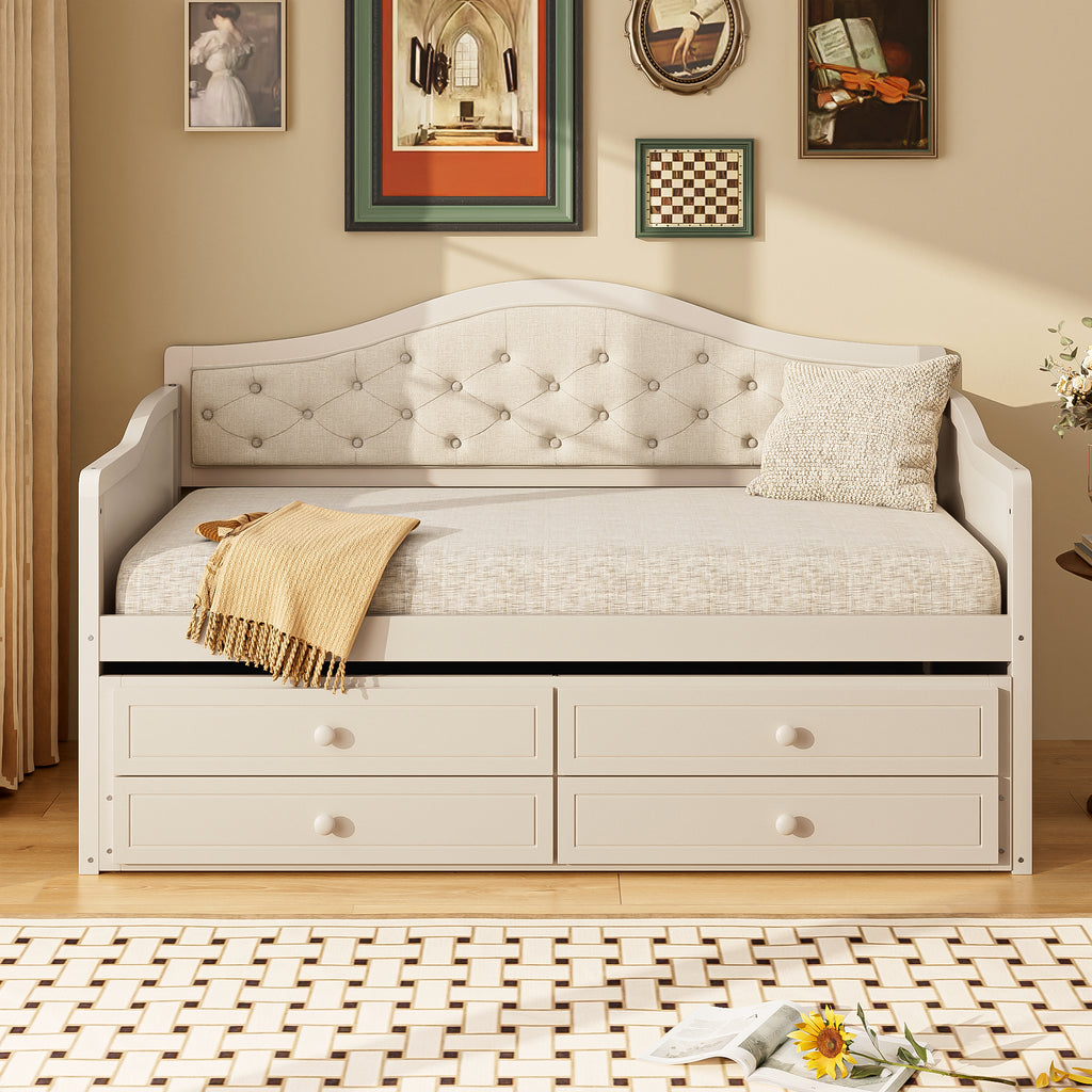 Twin Daybed with Trundle, Twin Size Daybed with 2 Storage Drawers, Wooden Sofa Bed with Upholstered Button Tufted Backrest for Living Room, Bedroom, Guest Room,Beige Daybeds