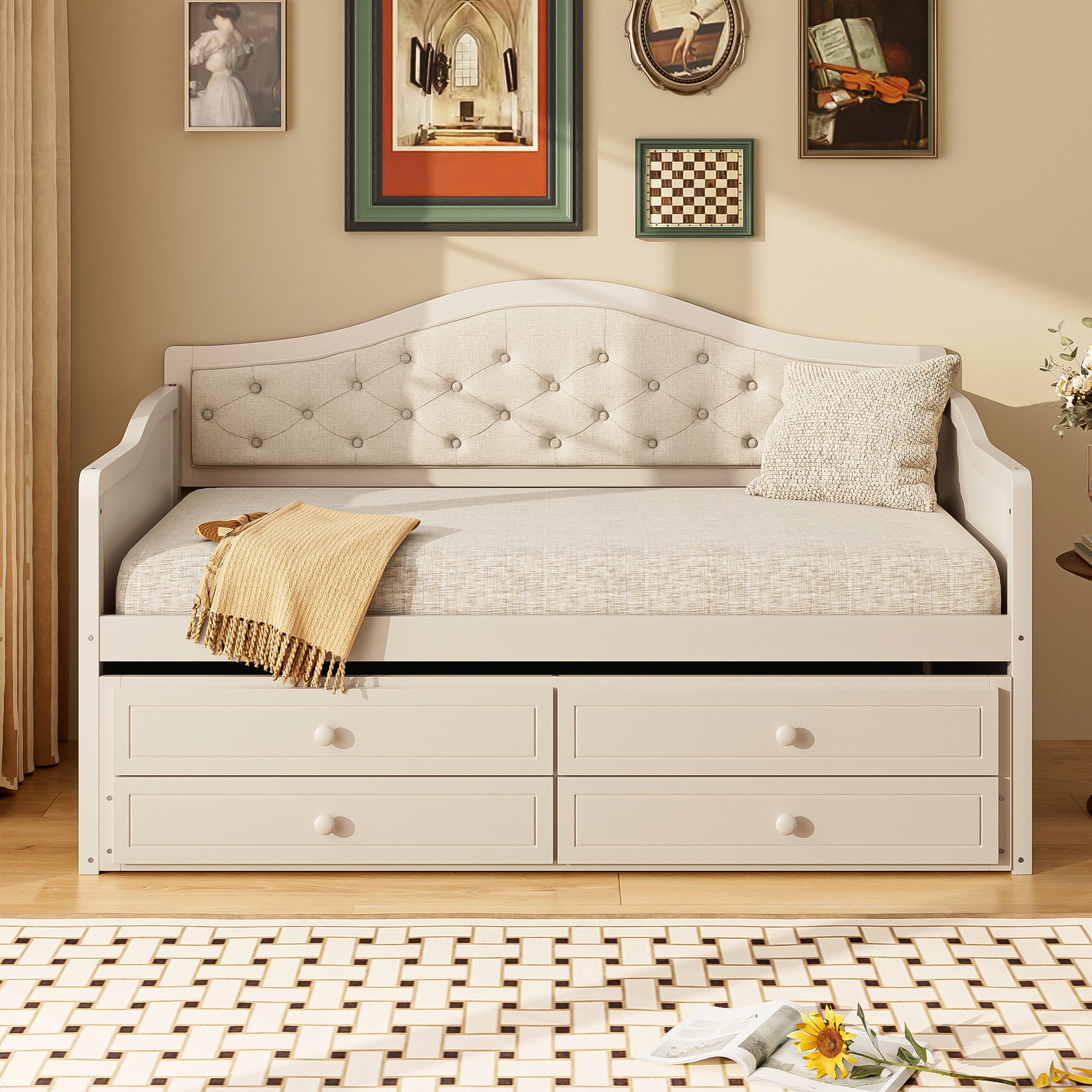 Twin Daybed with Trundle, Twin Size Daybed with 2 Storage Drawers, Wooden Sofa Bed with Upholstered Button Tufted Backrest for Living Room, Bedroom, Guest Room,Beige Daybeds