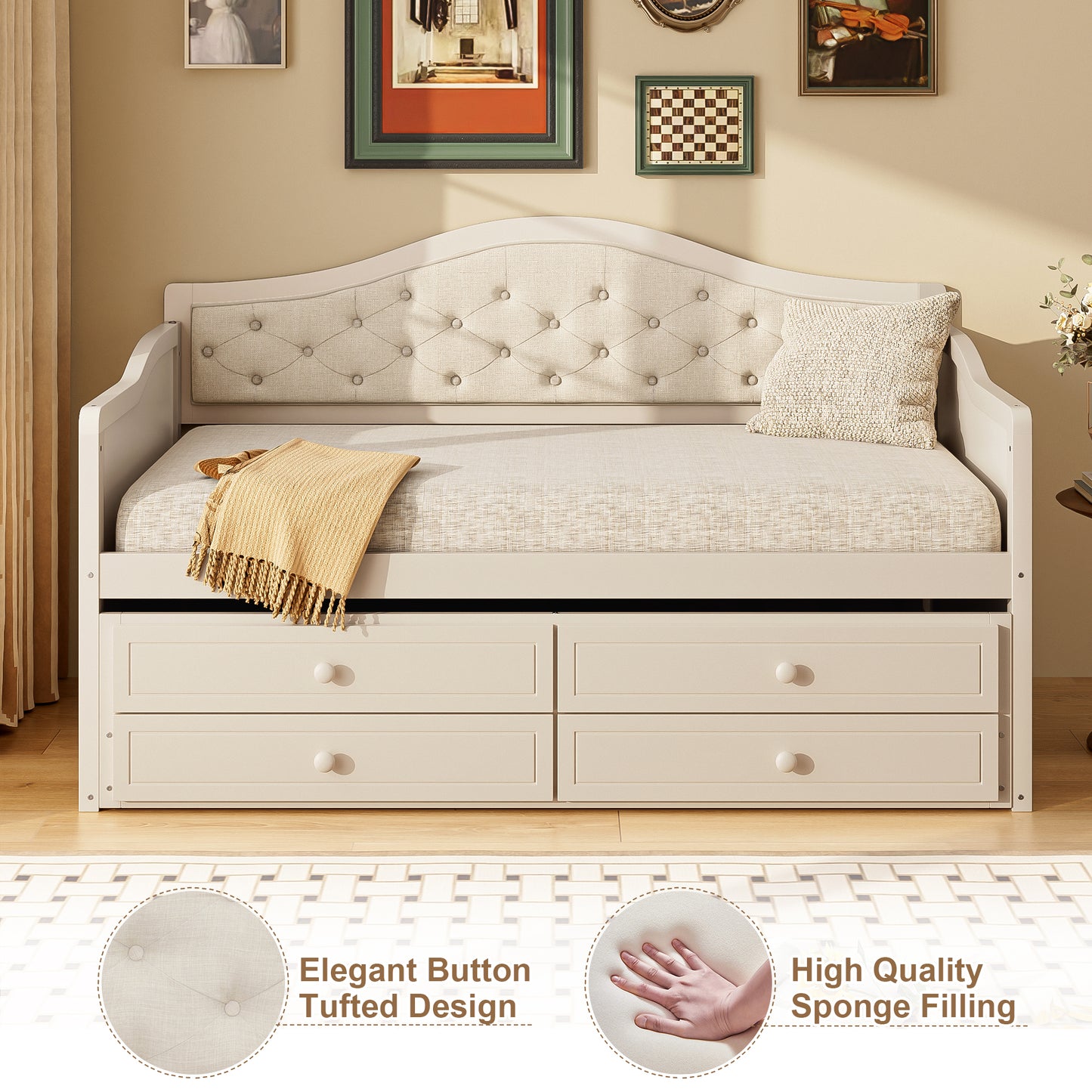 Twin Daybed with Trundle, Twin Size Daybed with 2 Storage Drawers, Wooden Sofa Bed with Upholstered Button Tufted Backrest for Living Room, Bedroom, Guest Room,Beige Daybeds