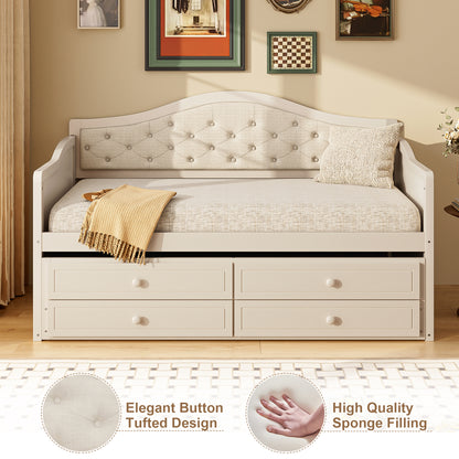 Twin Daybed with Trundle, Twin Size Daybed with 2 Storage Drawers, Wooden Sofa Bed with Upholstered Button Tufted Backrest for Living Room, Bedroom, Guest Room,Beige Daybeds