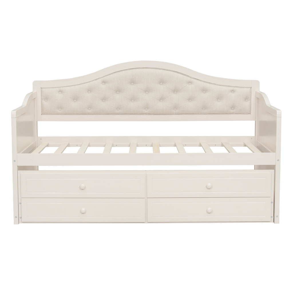 Twin Daybed with Trundle, Twin Size Daybed with 2 Storage Drawers, Wooden Sofa Bed with Upholstered Button Tufted Backrest for Living Room, Bedroom, Guest Room,Beige Daybeds