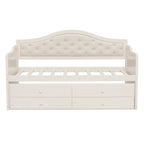 Twin Daybed with Trundle, Twin Size Daybed with 2 Storage Drawers, Wooden Sofa Bed with Upholstered Button Tufted Backrest for Living Room, Bedroom, Guest Room,Beige Daybeds