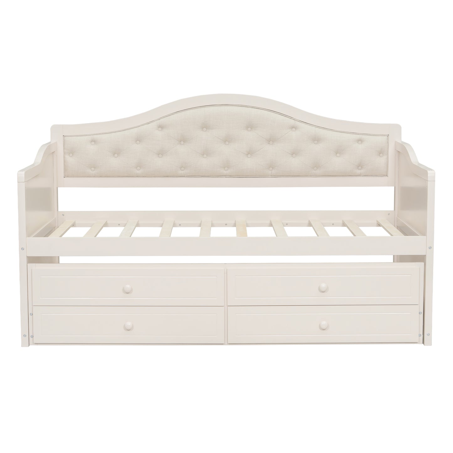 Twin Daybed with Trundle, Twin Size Daybed with 2 Storage Drawers, Wooden Sofa Bed with Upholstered Button Tufted Backrest for Living Room, Bedroom, Guest Room,Beige Daybeds