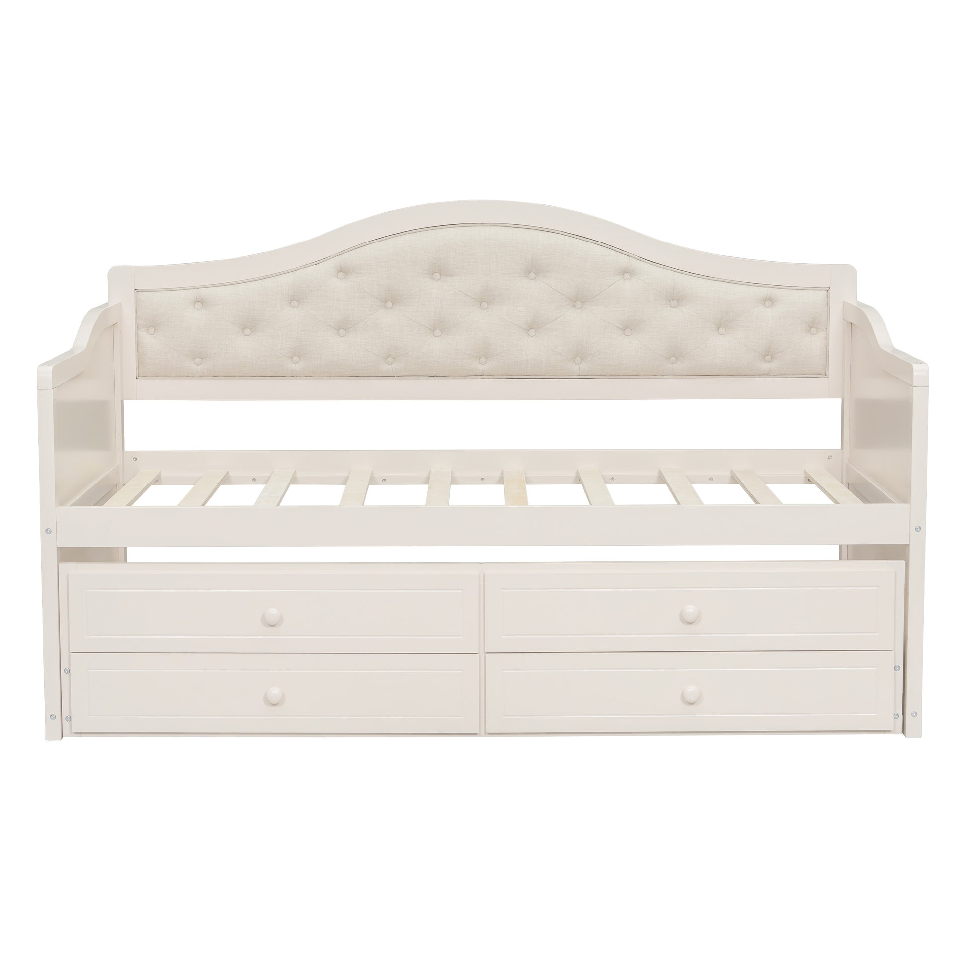 Twin Daybed with Trundle, Twin Size Daybed with 2 Storage Drawers, Wooden Sofa Bed with Upholstered Button Tufted Backrest for Living Room, Bedroom, Guest Room,Beige Daybeds