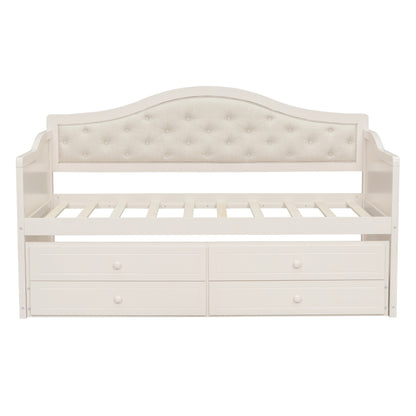 Twin Daybed with Trundle, Twin Size Daybed with 2 Storage Drawers, Wooden Sofa Bed with Upholstered Button Tufted Backrest for Living Room, Bedroom, Guest Room,Beige Daybeds